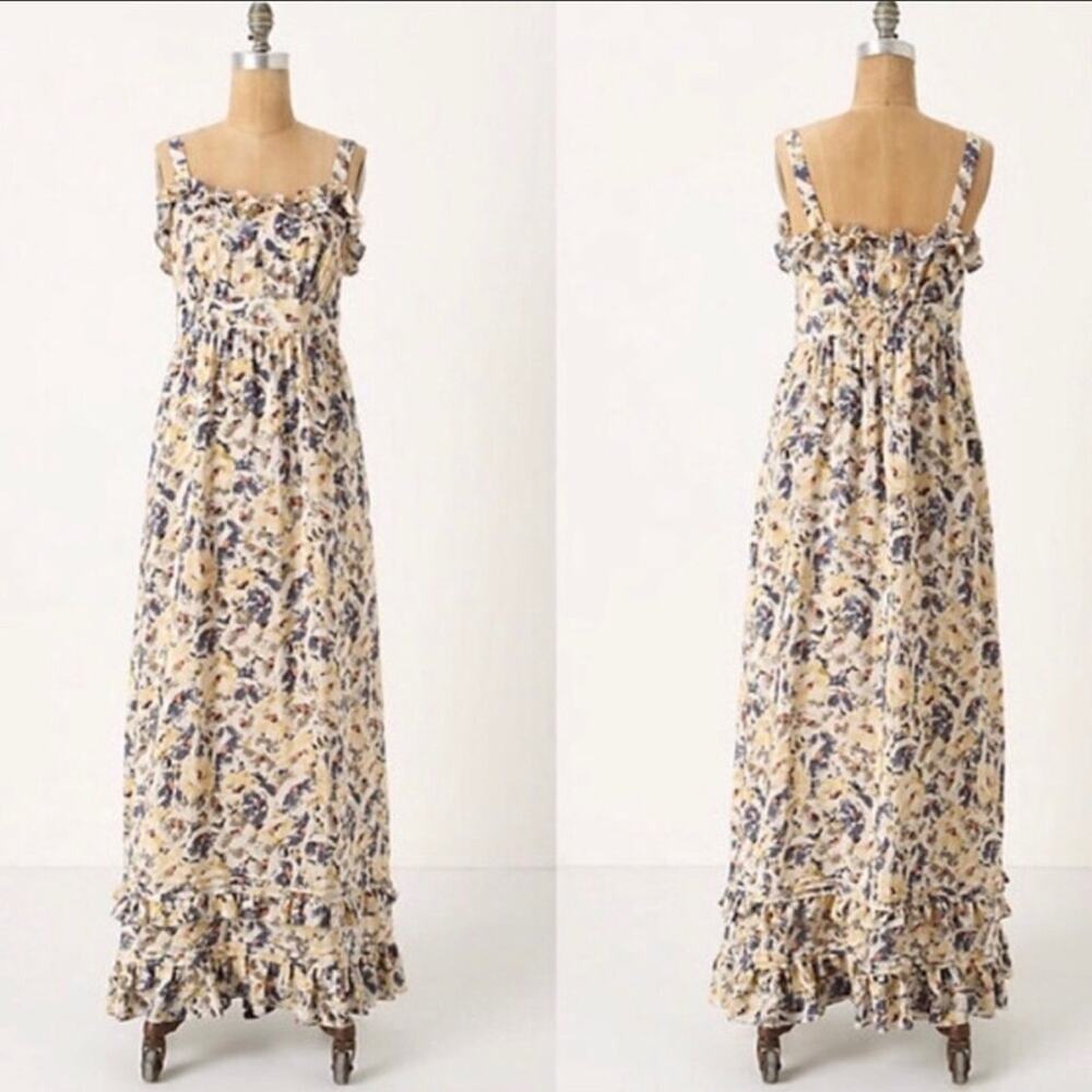 Anthropologie Moulinette Soeurs Hydrangea Floral Ruffle Silk Maxi Sundress 0
